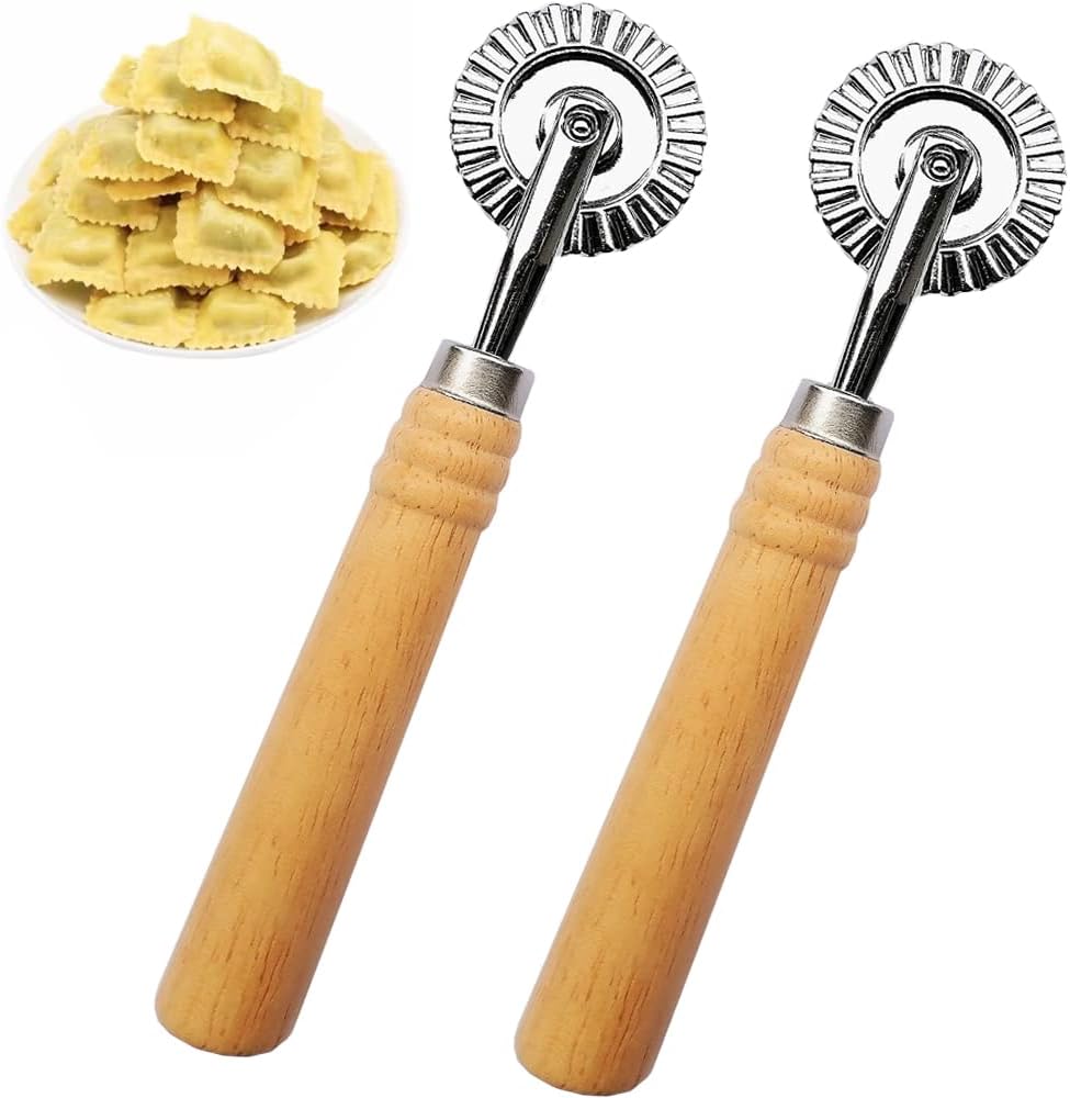 2 PCS Ravioli Cutter Stamps with Roller Wheel Round Mold with Wooden Handle and Fluted Edge Pasta Press Pasta Cutter for Home and Kitchen Use- 1.6" Diameter