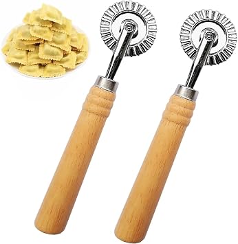 2 PCS Ravioli Cutter Stamps with Roller Wheel Round Mold with Wooden Handle and Fluted Edge Pasta Press Pasta Cutter for Home and Kitchen Use- 1.6" Diameter