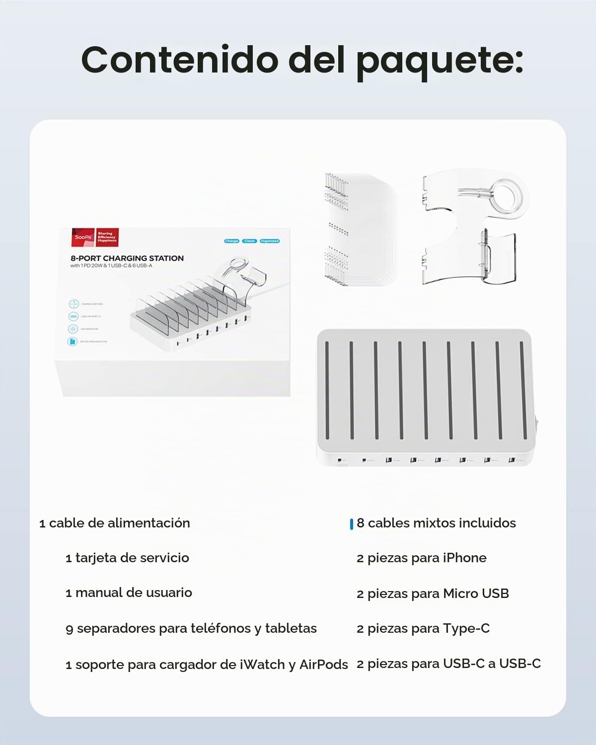 SooPii Estación de Carga USB C, estación de Carga para computadora portátil de 7 Puertos y 70 W con un Puerto de Suministro de energía de 30W