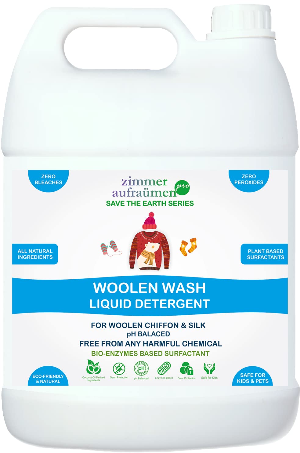 Zimmer Aufraumen Pro Woolen Wash Liquid Detergent 5Lit. Bio Enzyme Based,for Woolen, Winterwear, Chiffon & Silks (Low Foam & Mild). No Bleaches & Peroxides. Color Safe for Delicate Clothes.