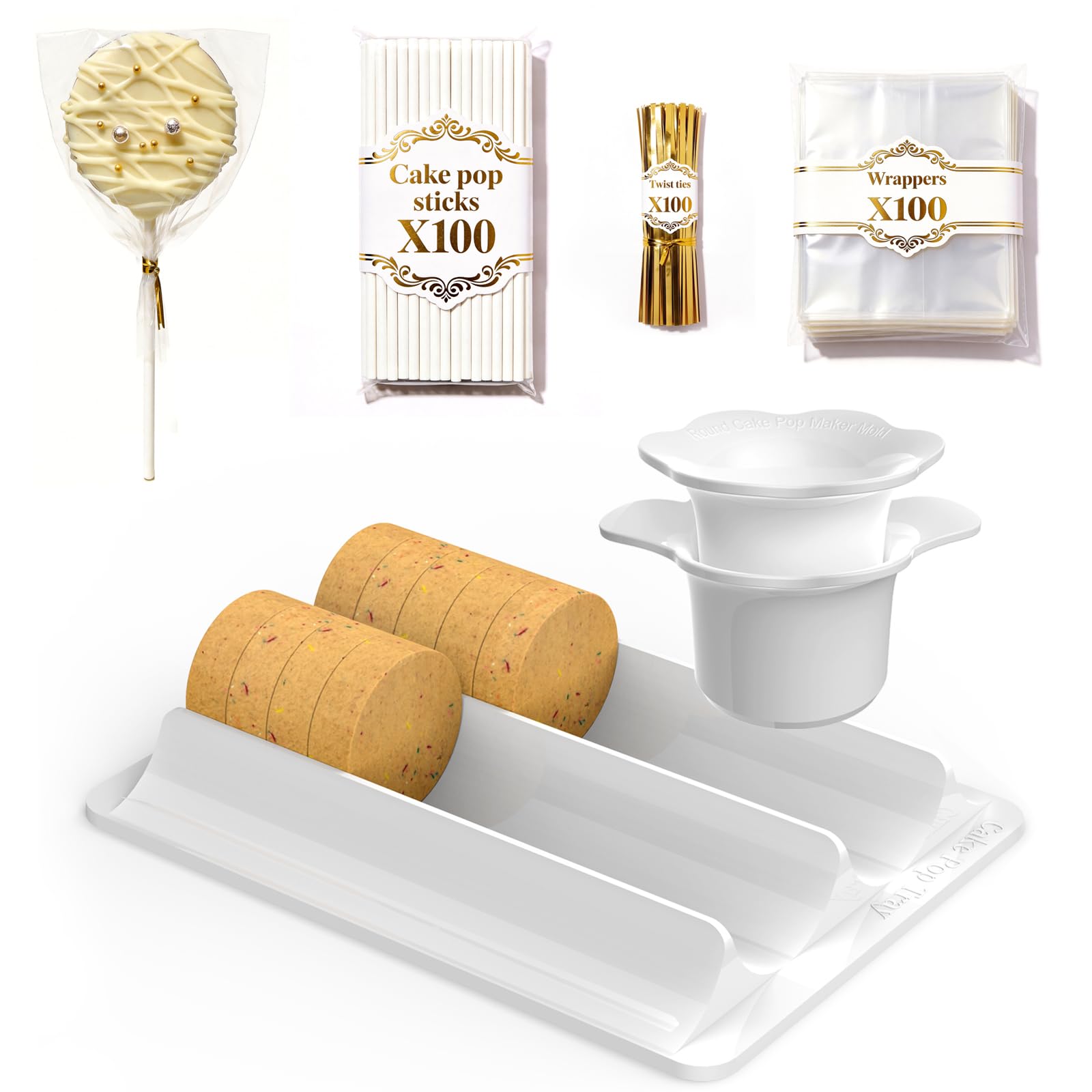 Photo 1 of Cake Pop Mold Set with Stand Tray – 3-in-1 Cake Pop Maker Kit with Cutter, 100 Paper Sticks, 100 Bags & Ties, DIY Dessert Tool for Birthday, Wedding & Party