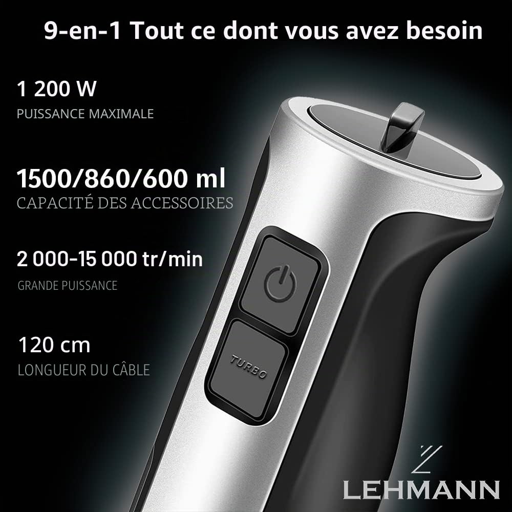 Lehmann Chopsui Mixeur plongeant 1200 W, Mixeur Plongeur avec 8 niveaux de vitesse, Mixeur blender pour Aliments pour Bebe, Soupe, Sauce et Purée, 9 Accessoires du mixer inclus