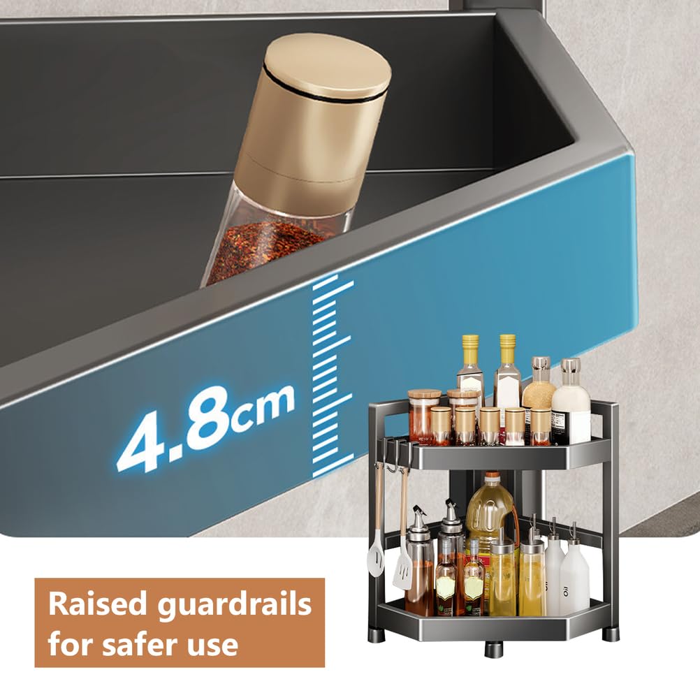 Scaffale ad Angolo Cucina rastrelliere rastrellino a 2 Livelli rastrelliere spezie in Piedi in Piedi colaio angolare condimento per spezie Portatore di spezie con 2 Ganci,11.8IN