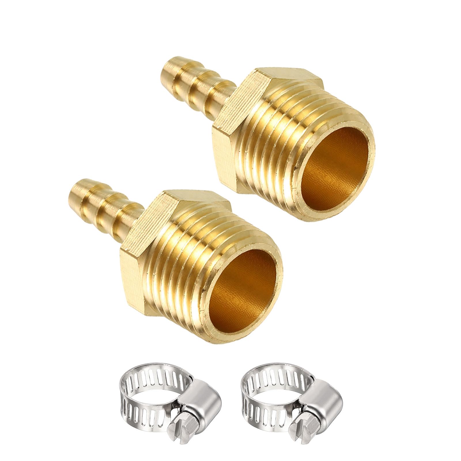 Pack of 2 Solid Brass Hose Barb Fittings 10mm Hose Barb to 3/4"(20mm) g Male Fittings with 2pcs Stainless Steel Hose Clamps for Home Machines, Massage Bathtubs, and Irrigation