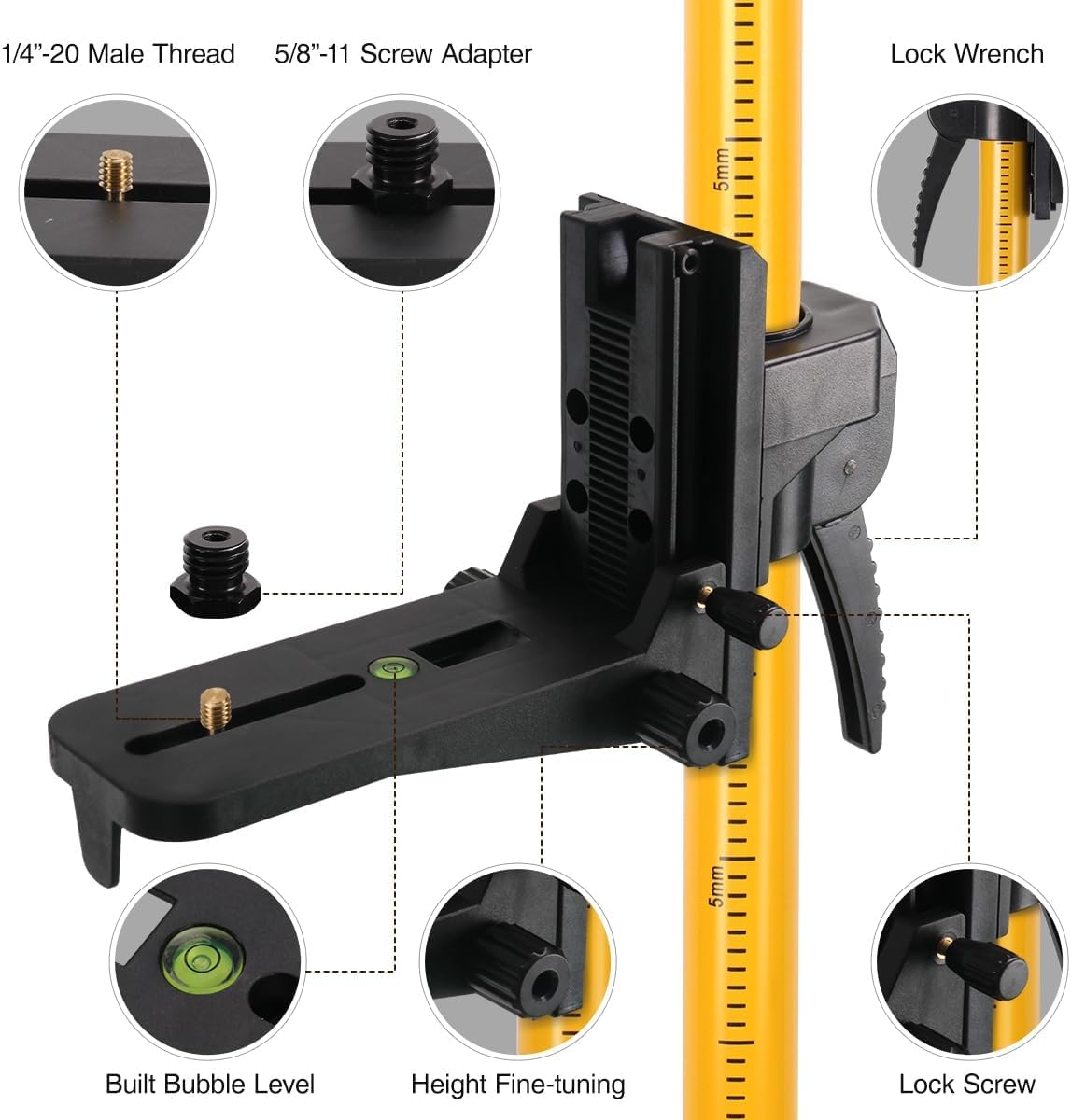 Trípode de Nivel Láser 3,7m, Tripode Nivel Laser Telescópico con Adaptadora Roscados de 1/4" y 5/8", Poste Telescópico con Trípode para Niveladores Láser Rotativo y Lineal