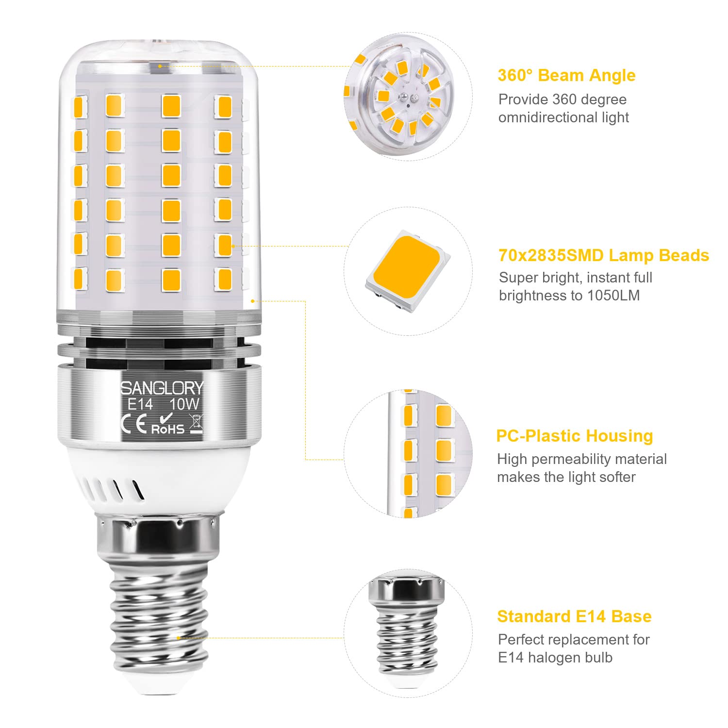 SanGlory Lampadine LED E14 Luce Calda 10W Lampada Led E14 Bianca Calda 2700K, Lampadina E14 Bianco Caldo Attacco Edison E14 LED, 1050LM, Equivalenti a 90W Incandescenza, Angolo 360°, Pacco da 4