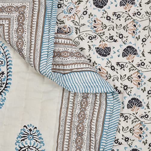 Image of BLOCKS OF INDIA Cotton Single Size Quilt Hand Block Print for Light Winters (60X90 Inches) (Grey Jaal), Lightweight, 300 TC