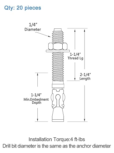 Miniatura 2 de Anrik 14 pulgadas x 2-14 pulgadas - 20 piezas de anclaje de cuña chapado en zinc resistente para hormigón