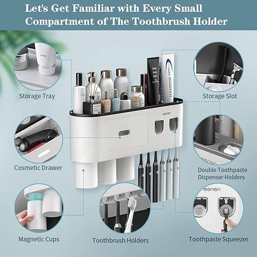 Miniatura 5 de Soportes para cepillos de dientes montados en la pared, soporte para cepillos de dientes con dispensadores automáticos de pasta de dientes, 6