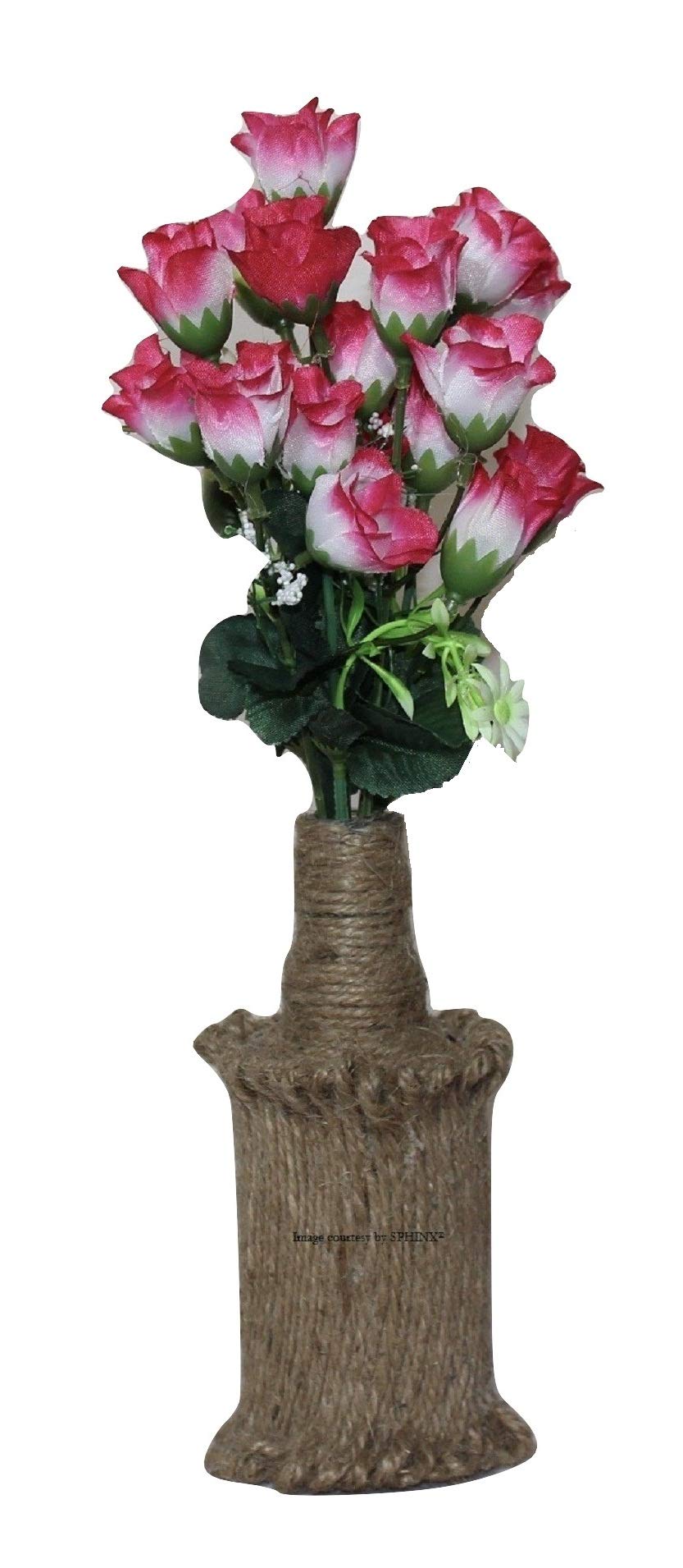 SPHINX® Handmade Upcycled Glass & Jute Twine Table top Vase/Pot (Height: 6.5 Inches/17 cms) with flower bunch for decoration - COLOR AS PER STOCK- 1 Piece - KINDLY CHECK PRODUCT SIZE AND DETAILS CAREFULLY (SV17CMPL)