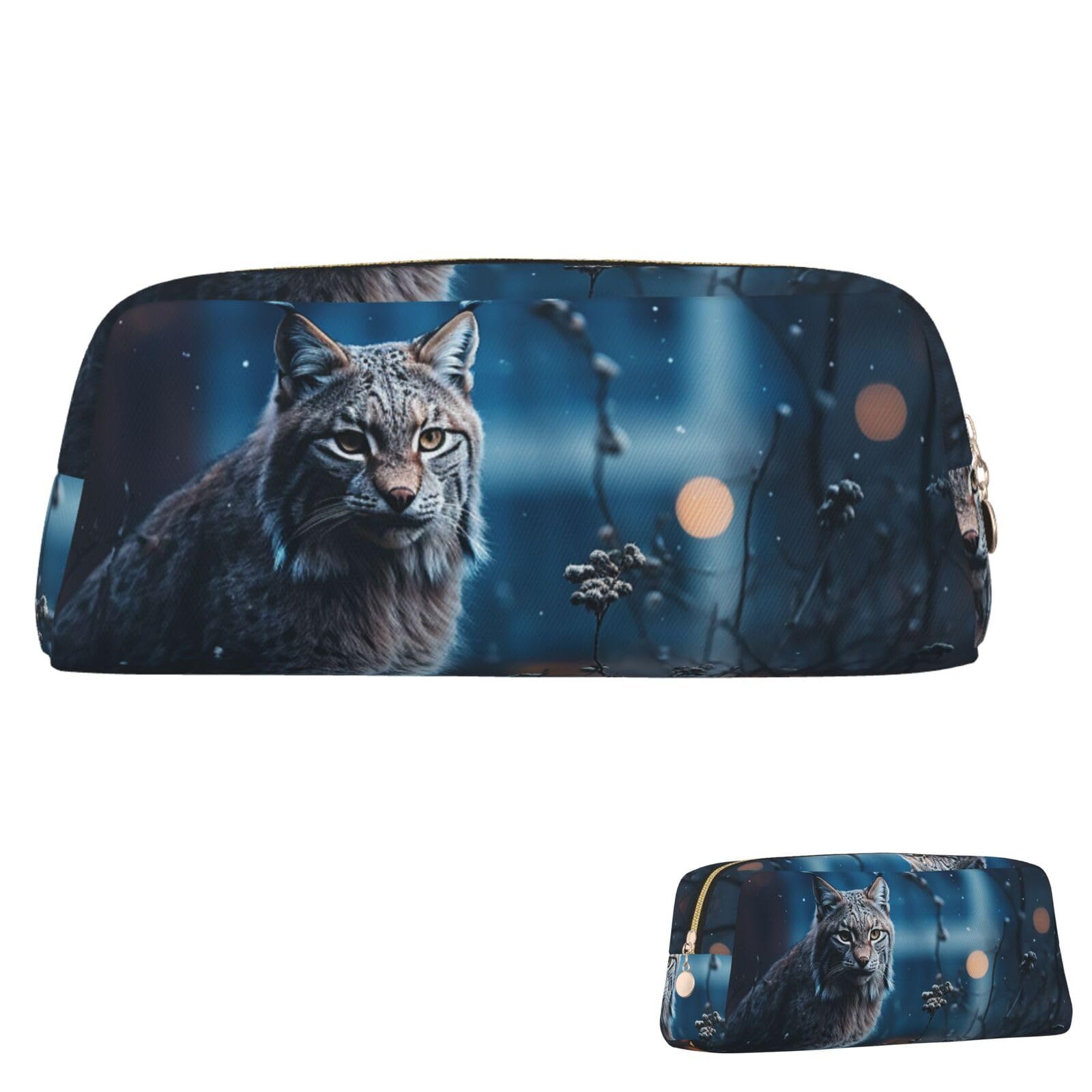 Leather Pencil Case Large Capacity Pencil Pouch Aesthetic Pen Pouch Organizer with Zipper Portable Big Female Lynx Pen Bag for Women Men Makeup Brush Bag Travel
