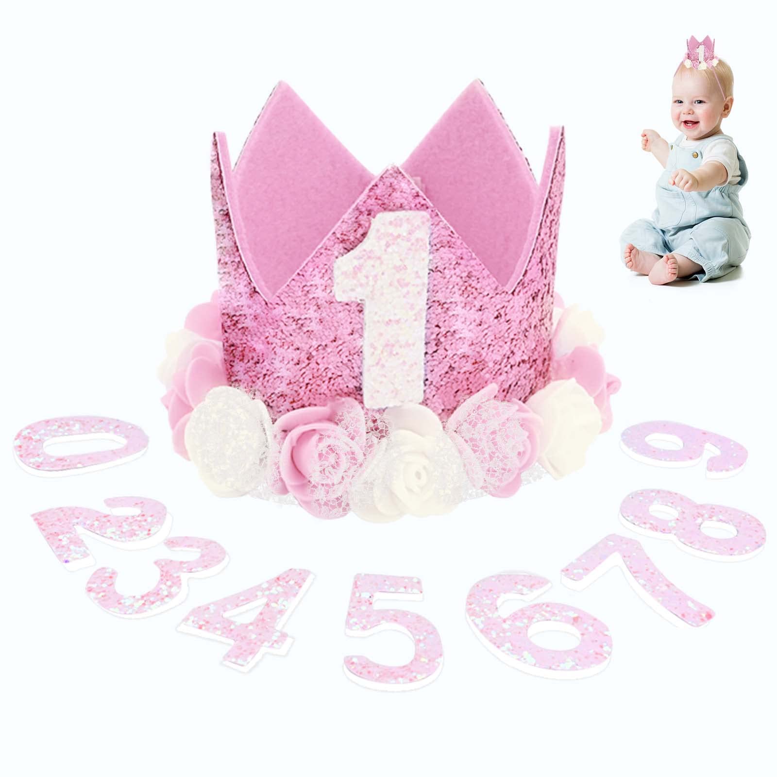 CavspkArt Birthday Crown Hats for Girl,Pink Princess Tiara with 0-9 Number Replacement Decoration,Glitter First Birthday Decorations Party Hat