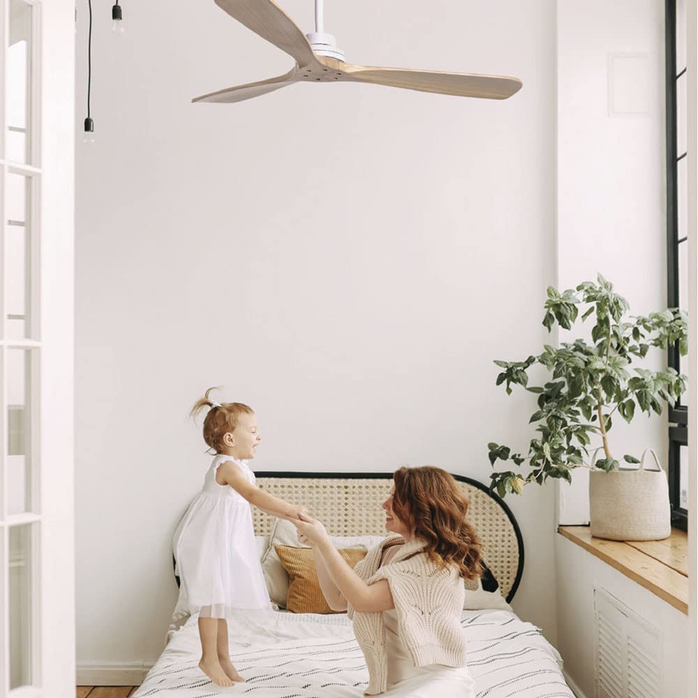 Ventilador de techo de madera natural, para exterior ip44, Nati, motor DC mando a distancia, sin luz, claro