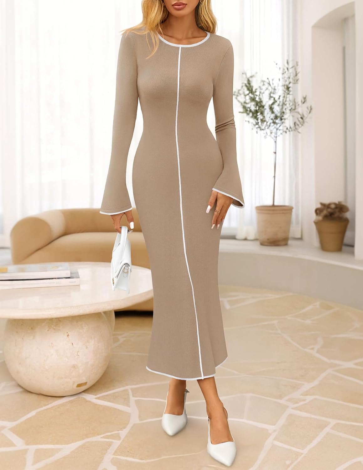 MEROKEETY Women's Fall Long Bell Sleeve Sweater Dress 2025 Elegant Bodycon Color Block Knit Midi Maxi Dresses - Image 2