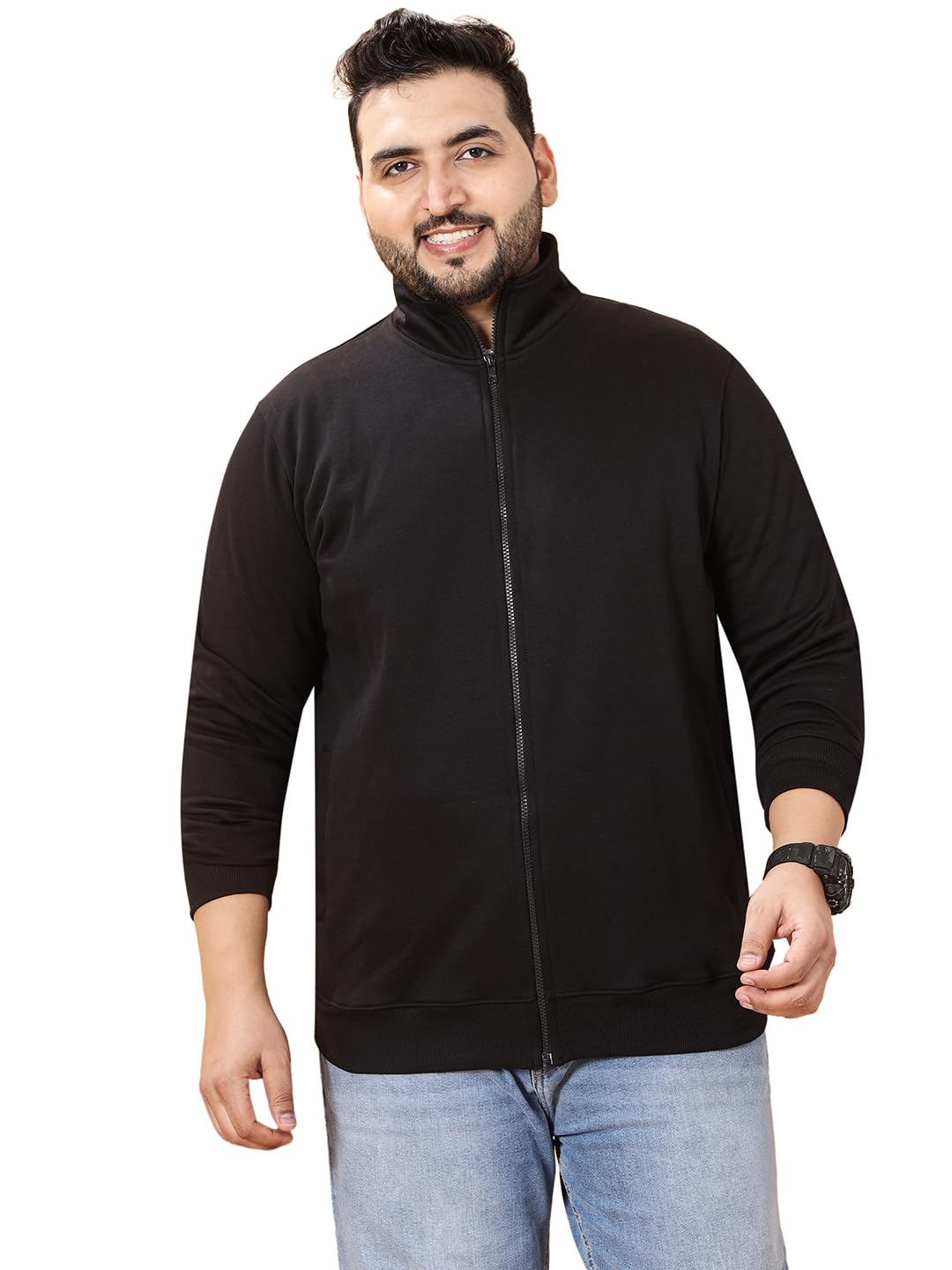 john pride Plus Size Men Regular Fit Long Sleeves Mock Collar Solid Fleece Black Front-Open Sweatshirt(JPSWT75231_Black)-picture-22