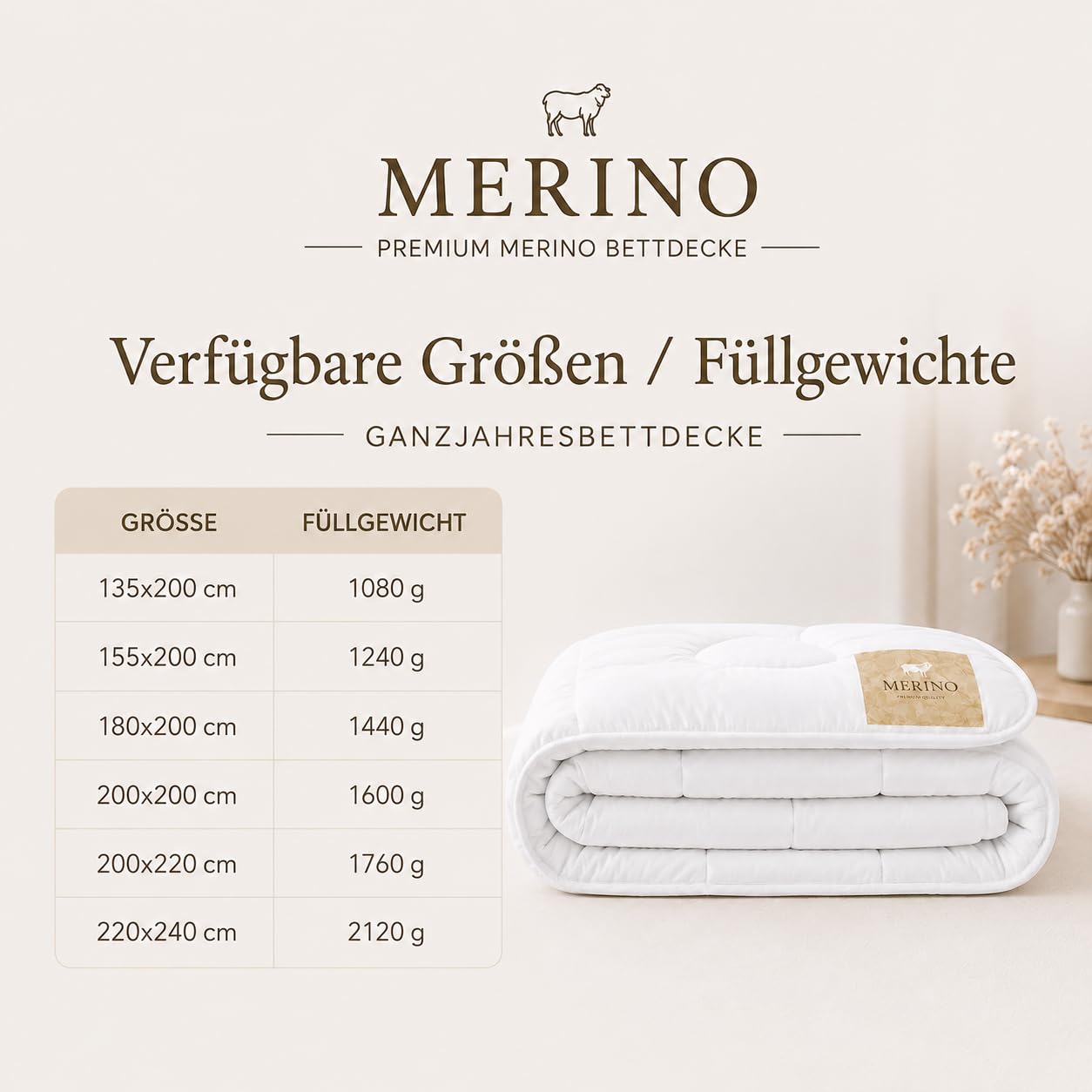 Verdone Merino Ganzjahresbettdecke 180 x 200 cm - 100% Merinowolle - Bettdecke für das ganze Jahr - Baumwoll-Satin Bezug - temperaturausgleichend, atmungsaktiv - Premium Steppdecke