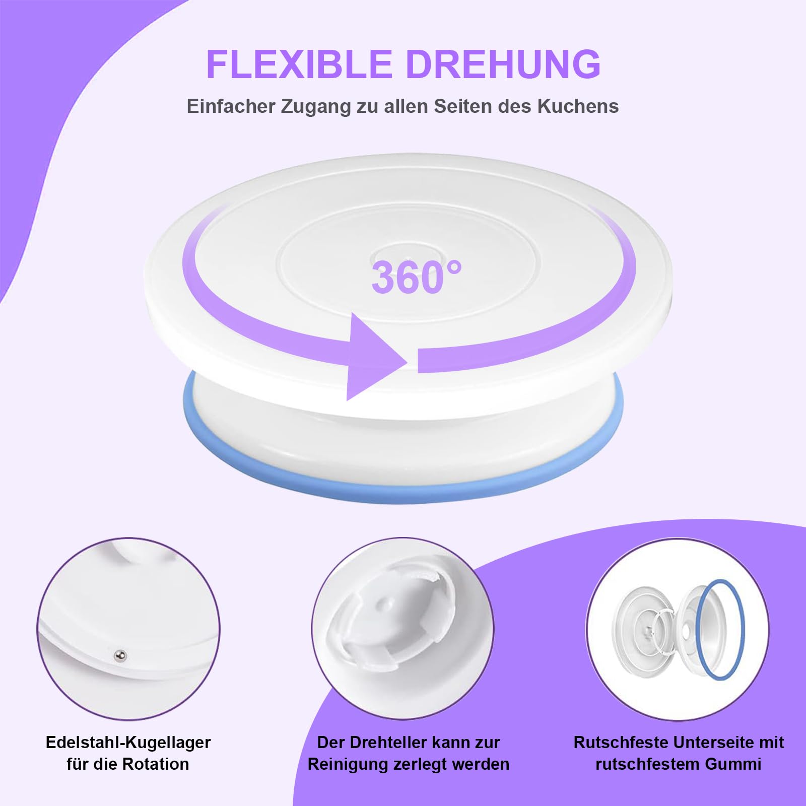 Torten Zubehör Set, 137-teiliges, mit Drehteller Tortenplatte Drehbar, Edelstahl und PP-Material, Lnklusive Kuchenschaber, Spritztüllen Set Cake Decorating Turntable für Anfänger und Profis(Lila)
