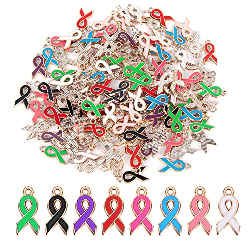 Framendino 120 Pack Breast Cancer Awareness Charm Ribbon Pendants Hope for Jewelry Making DIY Crafts Bracelet Necklace Accessories Women (8 Colors)