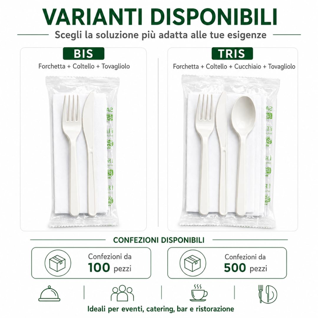 Tris di Posate Riutilizzabili Forchetta, Cucchiaio, Coltello e Tovagliolo Confezione 500 pezzi (500, Tris)