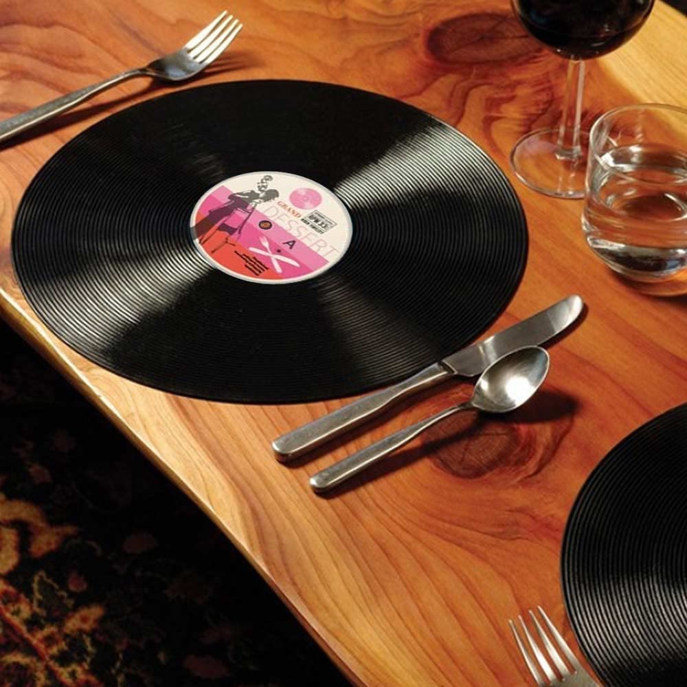 Mikamax – Vinyl Placemats – Retro - Płyty Gramofonowe - 4 Podkładki na Stół - Nostalgiczne - Płyty Winylowe - Dekoracja Stołu - Okrągłe Podkładki - Czarne
