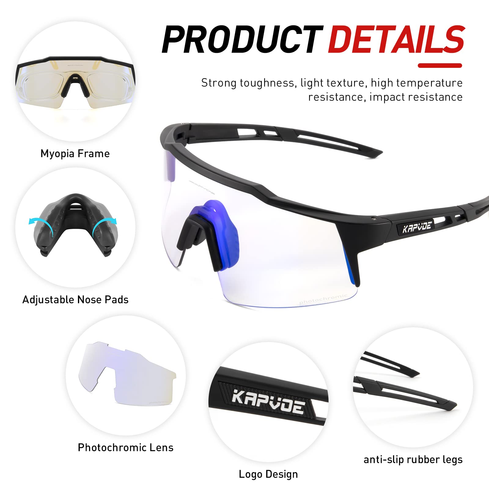 KAPVOE Photochromatische Selbsttönend Fahrradbrille TR90 Rahmen für Herren Damen Jungen Mädchen Klar Sportsonnenbrille K9023