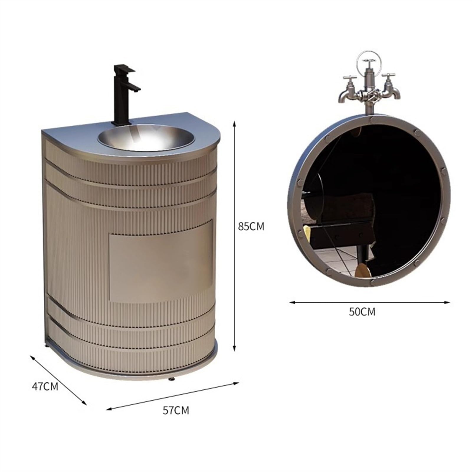 Fregadero de pie independiente con grifo y kit de drenaje, lavabo de metal en forma de D para baño, mueble de tocador de bar de estilo industrial