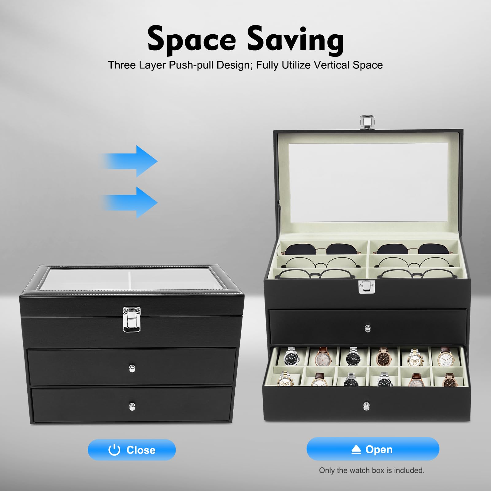 Caja para relojes con 24 compartimentos, caja para gafas, caja de reloj de 3 pisos con tapa de cristal, 12 relojes, 12 gafas, caja de almacenamiento con cajón, resistente al polvo, piel sintética