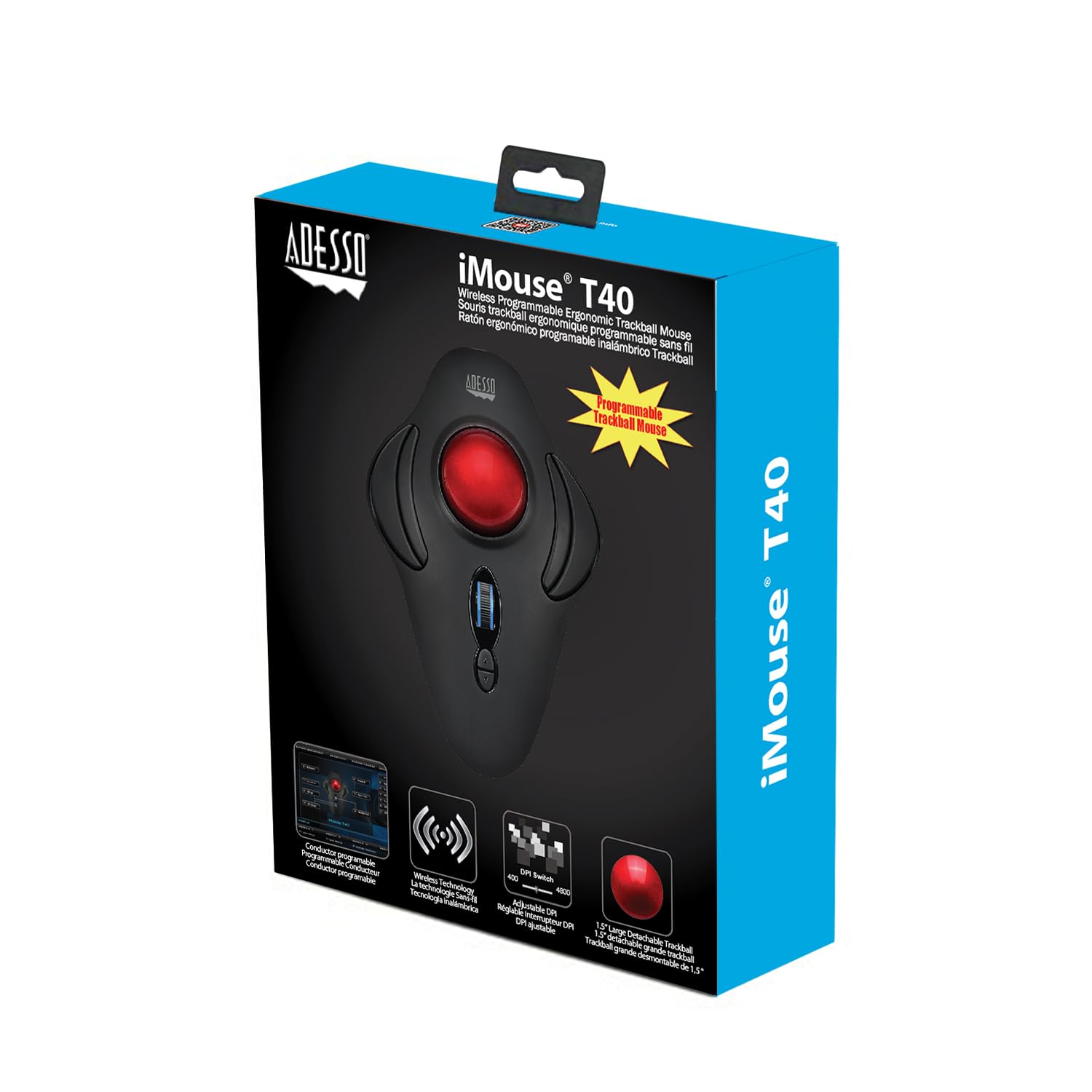 Adesso iMouse T40 souris RF Wireless Trackball 4800 DPI Ambidextre - Souris (Ambidextre, Trackball, RF Wireless, 4800 DPI, Black, Rouge)