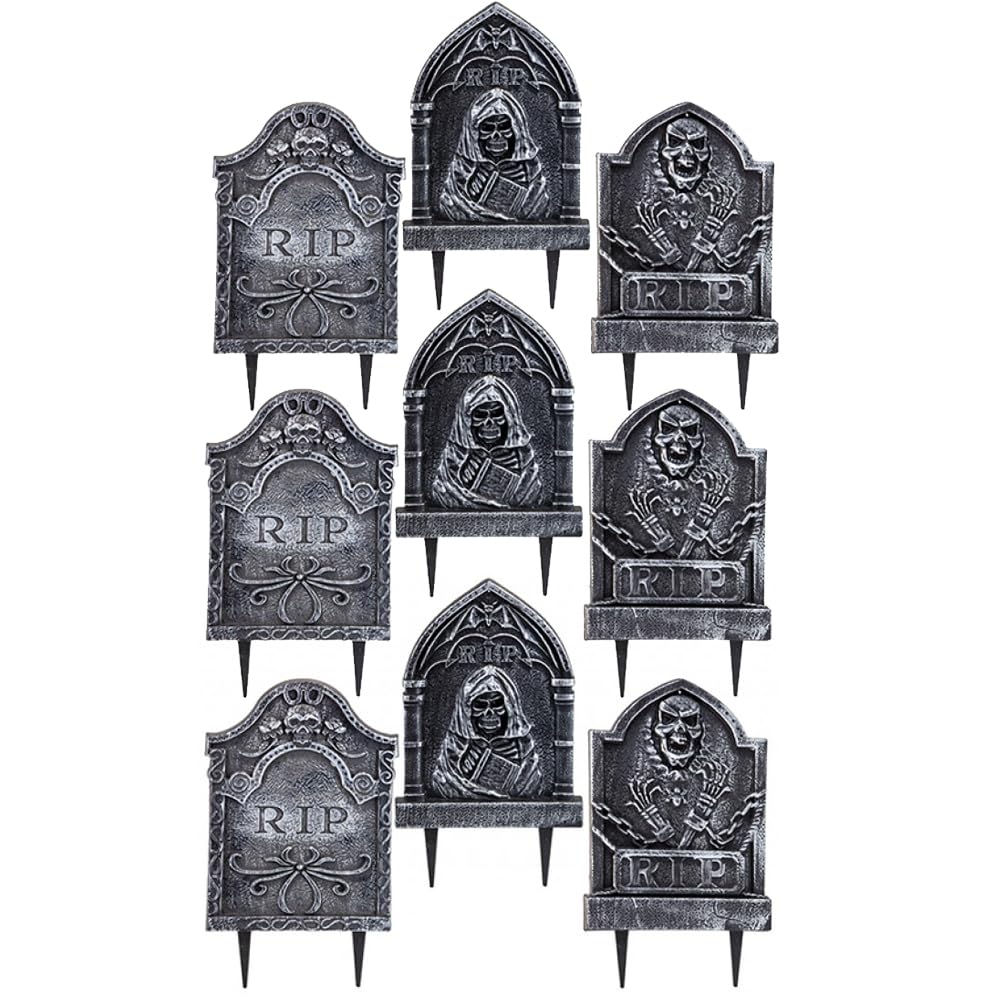I LOVE FANCY DRESS Tombstone Halloween Decoration - Pack of 9 - Spooky Gravestone Props with Assorted Designs - Easy-to-Use Scary Haunted House Graveyard Trick or Treat Halloween Decorations