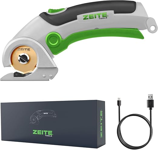 ZEITE 4V Electric Cardboard Box Cutter,Cordless Scissors with Titanium Coated HSS Blades,Rotary Cutter with Safety Lock for Leather Carpet Fabric Cutting,Sewing,Crafting,Color Box