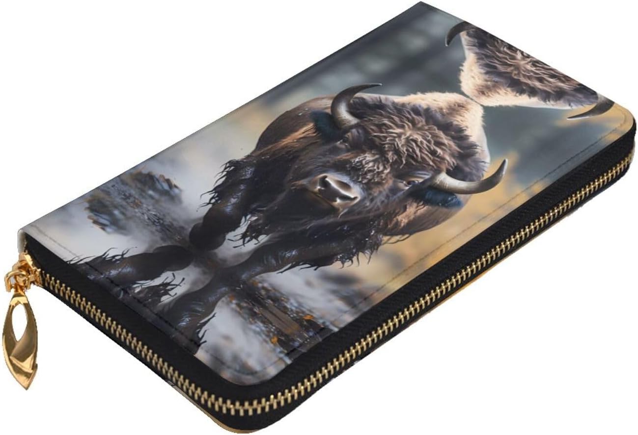 Leather Wallet - Stylish and Functional Wallet for Women with Multiple Compartments and Zipper Design North American Bison Prints, Black, One Size