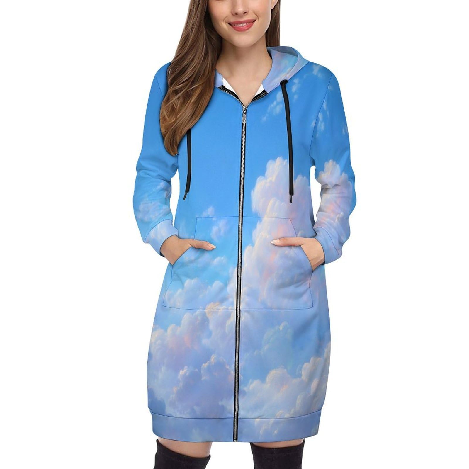 Felpa Donna con Zip Felpe Sportiva con Tasche E Cappuccio Design Soffice Nuvola Bianca Morbida Invernale Giacca Regolabile Azzurro Chiaro Confortevole per Uso Quotidiano Casual