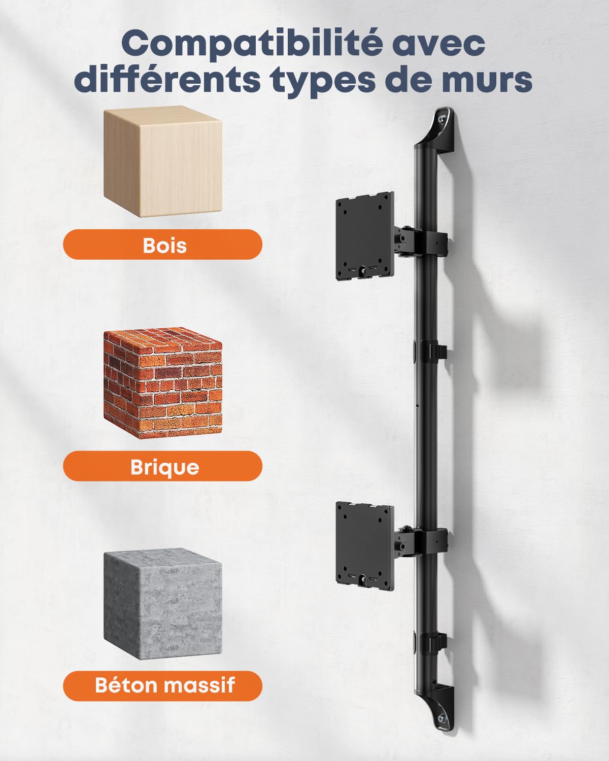 PUTORSEN Support Mural pour 2 Écrans De 17 À 49 Pouces (Plats Ou Incurvés), 20 Kg par Bras, Support Mural Réglable en Hauteur, Vesa 75/100 Mm, Noir