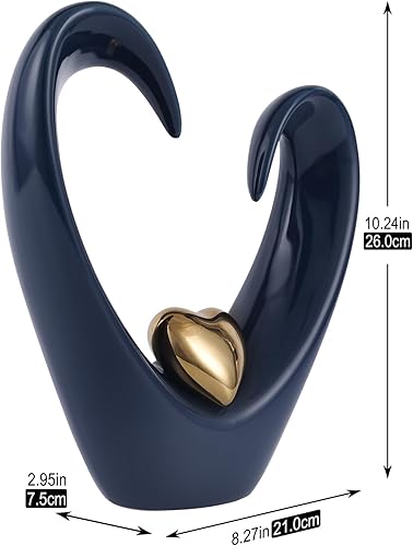 Miniatura 4 de orenm Escultura de corazón de cerámica, estatuas abstractas de decoración del hogar azul y dorado, 10.2 pulgadas para boda de pareja, decoración de