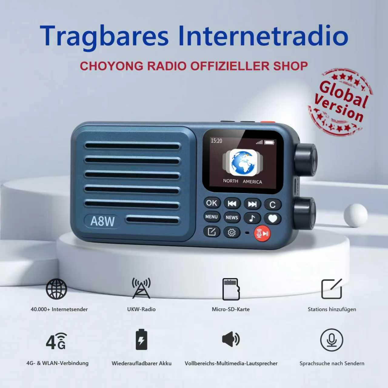 Choyong Récepteur radio Internet intelligent A8W - WiFi / 4G - Haut-parleur avec FM, carte micro SD, tous les radios du monde, pour la maison avec WiFi, radio numérique, choyoung A8W