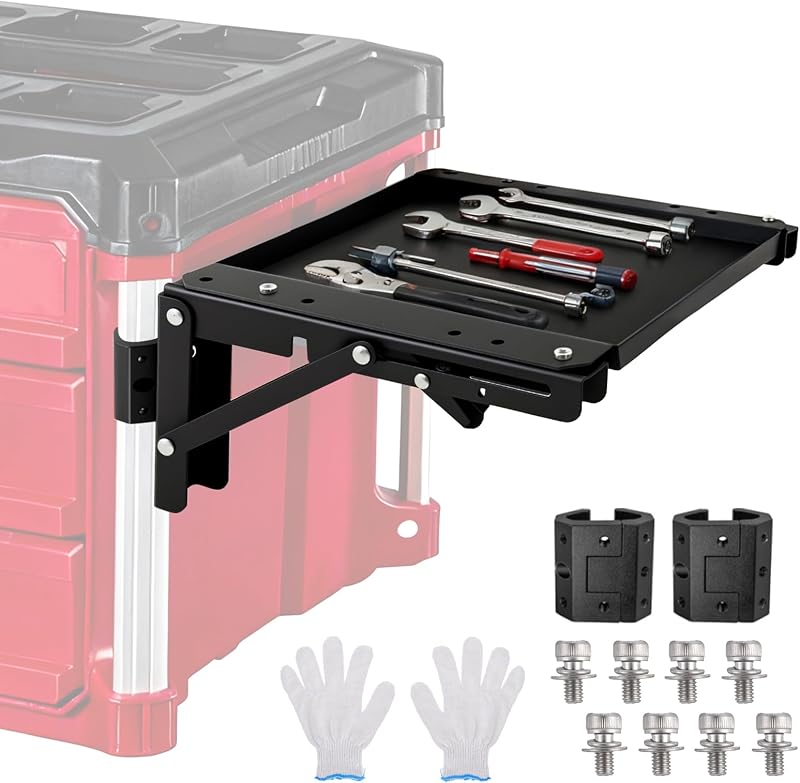 Foldable Magnetic Side Table for Milwaukee Packout Toolbox, Heavy Duty 200 lb Capacity Work Station for Repairs & Assembly, Magnetic Tool Tray for Your Packout System, Includes 12 Pairs Cotton Gloves