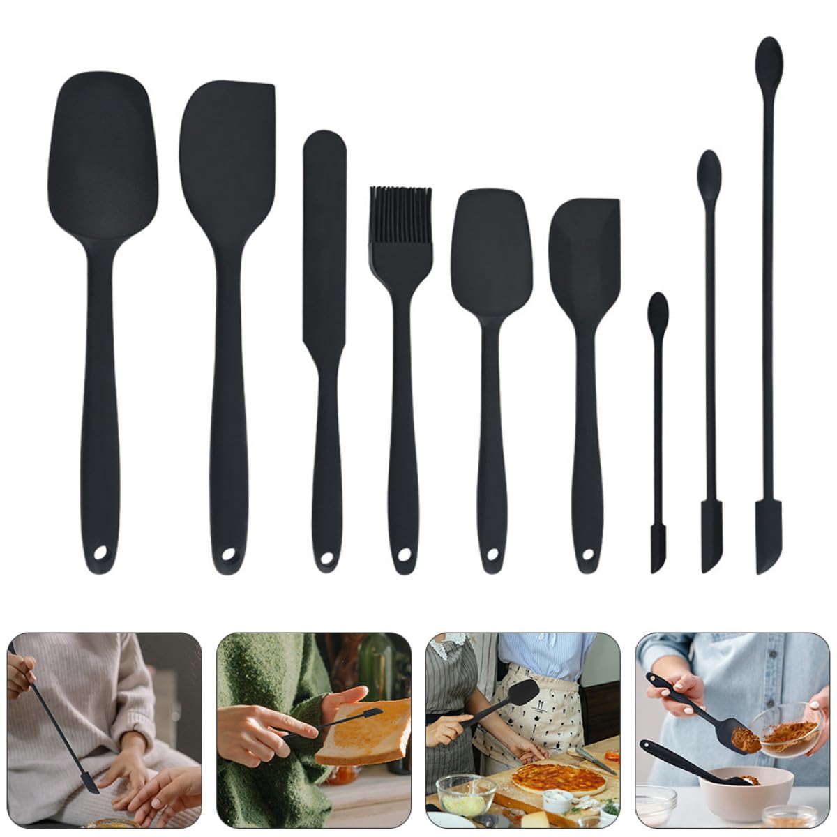 Espátulas de Silicona Set Ligero y Resistente Juego de 9 para Raspar Crema y Mermelada Negro de Utensilios de Cocina Adecuado para Repostería