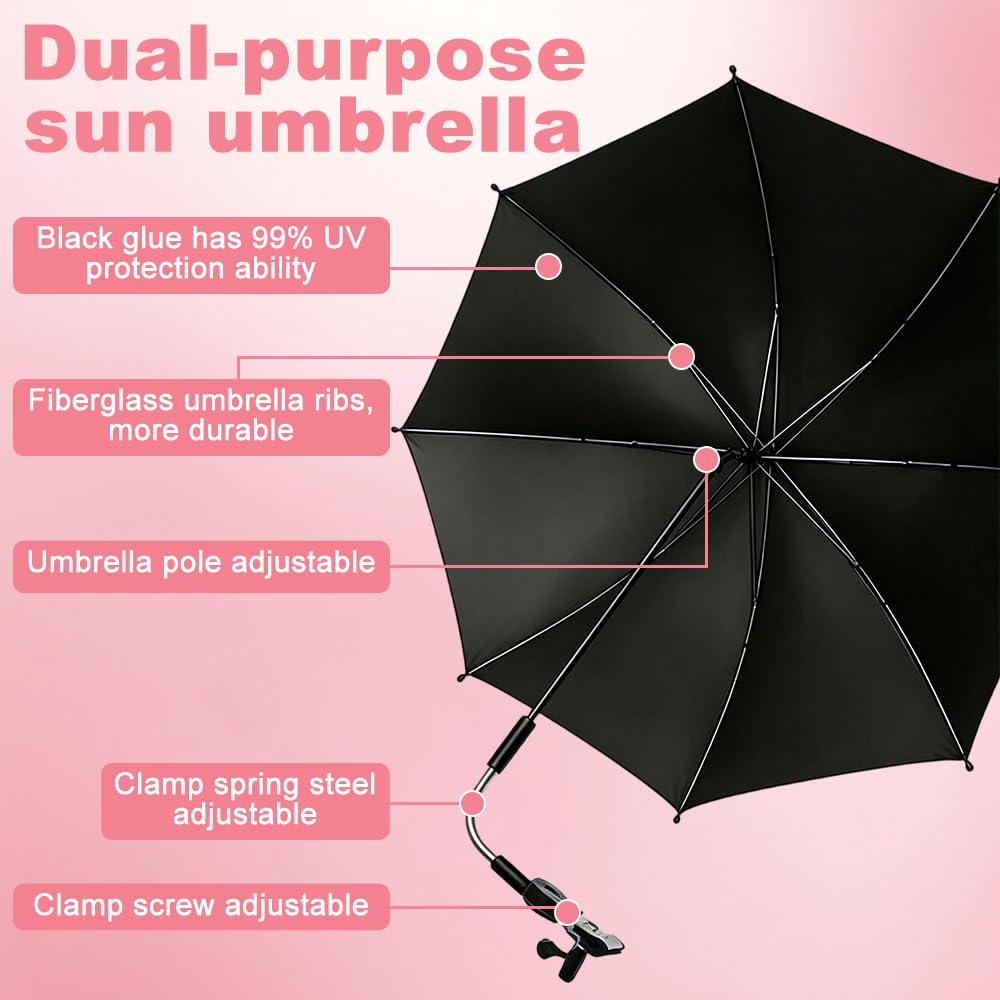 Foreverup Sonnenschirm für Kinderwagen UV Schut, Kinderwagen Sonnenschirm 360° Flexibler, Sonnenschirm Buggy Kinderwagen, 96 cm Durchmesser, Schützt effektiv vor Sonnenlicht und Regen, Rosa