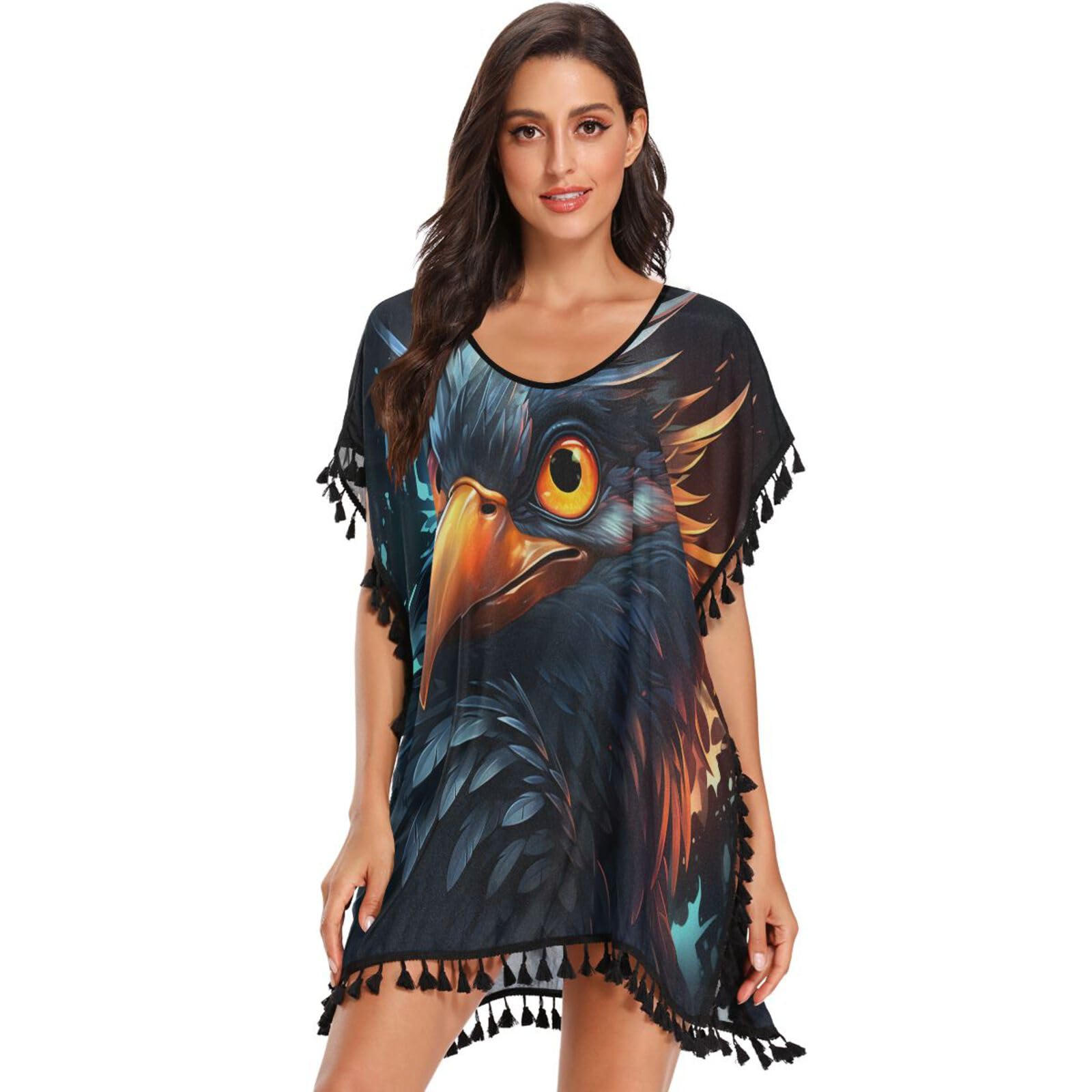 Cool Animal Art Parrot Women's Beach Cover Up Chiffon Tassel Swimwear Swimsuit Coverups for Girl