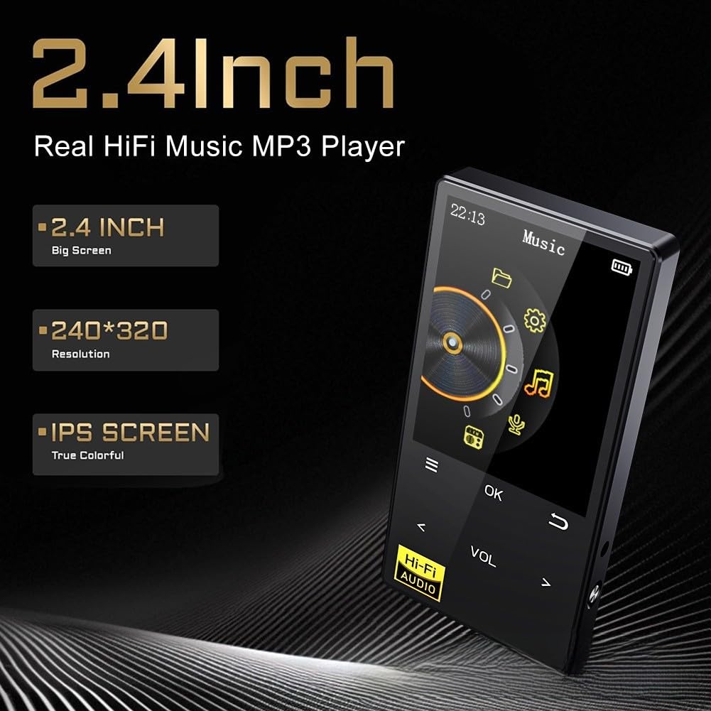 Reproductor de música HiFi MP3 con pantalla de 2.4 pulgadas, 32 GB, calidad de sonido sin pérdidas, radio de memoria ampliable, reproductor portátil (32 GB + 32 GB integrados)