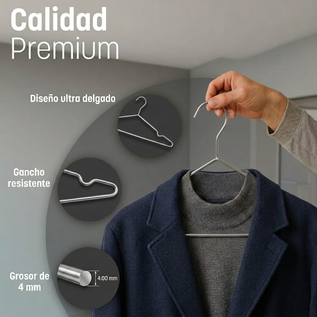 Perchas de Acero Inoxidable 42 cm, Pack de 50 Grosor 4 mm, Perchas de Metal Cromado Antideslizantes, Resistentes y Antioxidantes, Diseño en V Ahorra Espacio para Camisas, Chaquetas y Pantalones