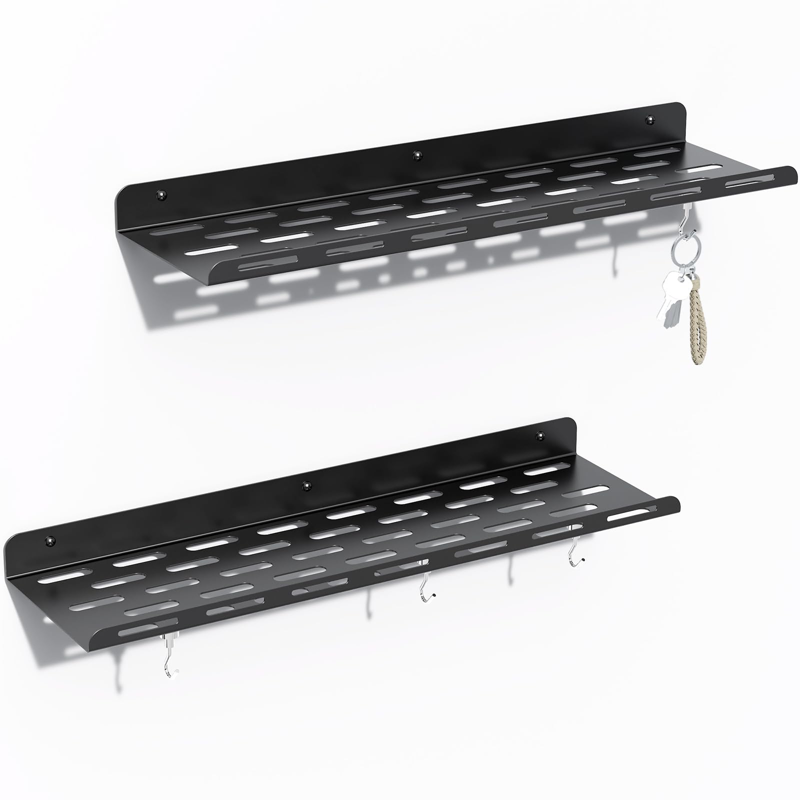 Kerisgo Floating Shelves for Wall Wall Mounted Floating Book Shelf Set of 2,16.93'' Metal Wall Shelves with 4 Magnetic Hooks,Floating Shelf for