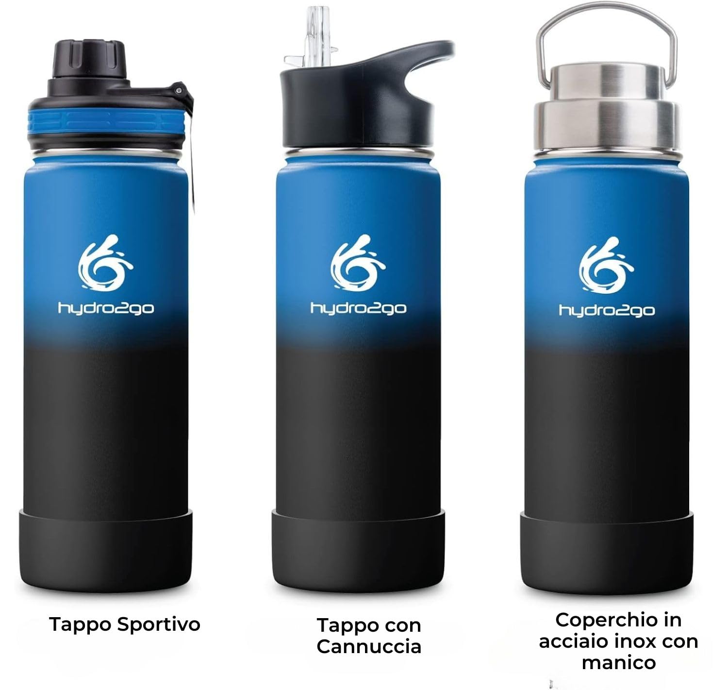 Hydro2Go Borraccia con Cannuccia Acciaio Inox – Termica, Senza BPA per Bambini, Scuola & Sport – 12h Calde / 24h Fredde – 3 Tappi, 530ml (Space)