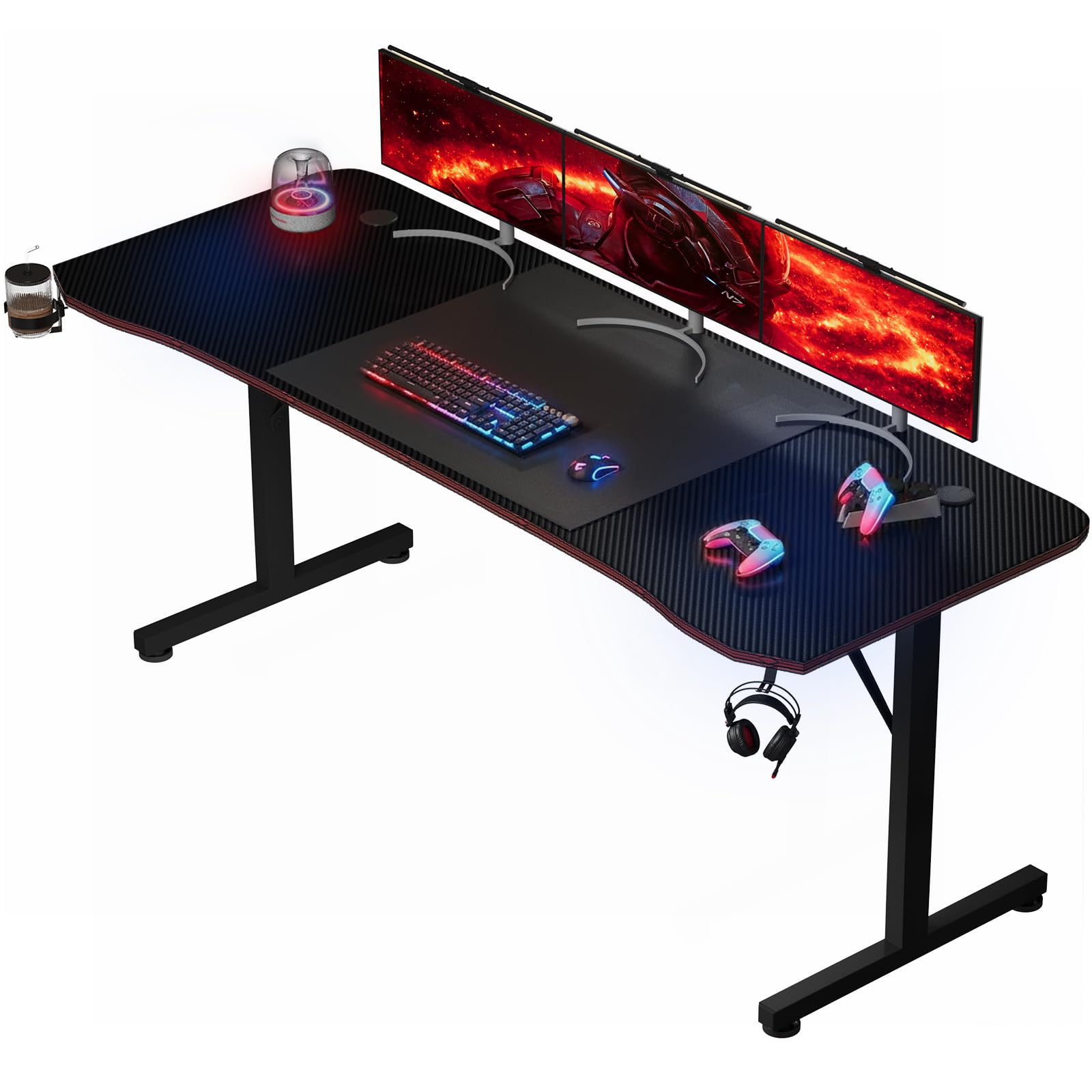 Devoko Scrivania Gaming 180 x 60 cm, Tavolo Gaming Ergonomica, Postazione con Piano del Tavolo in Fibra di Carbonio, Scrivania per Computer con Porta Bicchiere e Ganci per Cuffie, Nero