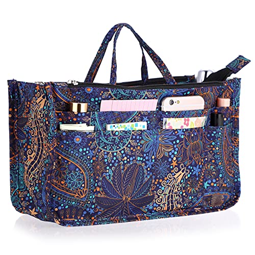 IGNPION Organizador de bolso de mano impreso, 13 bolsillos, bolsa expandible, cierre de cremallera, organizador de pañales con asa (flor azul púrpura)