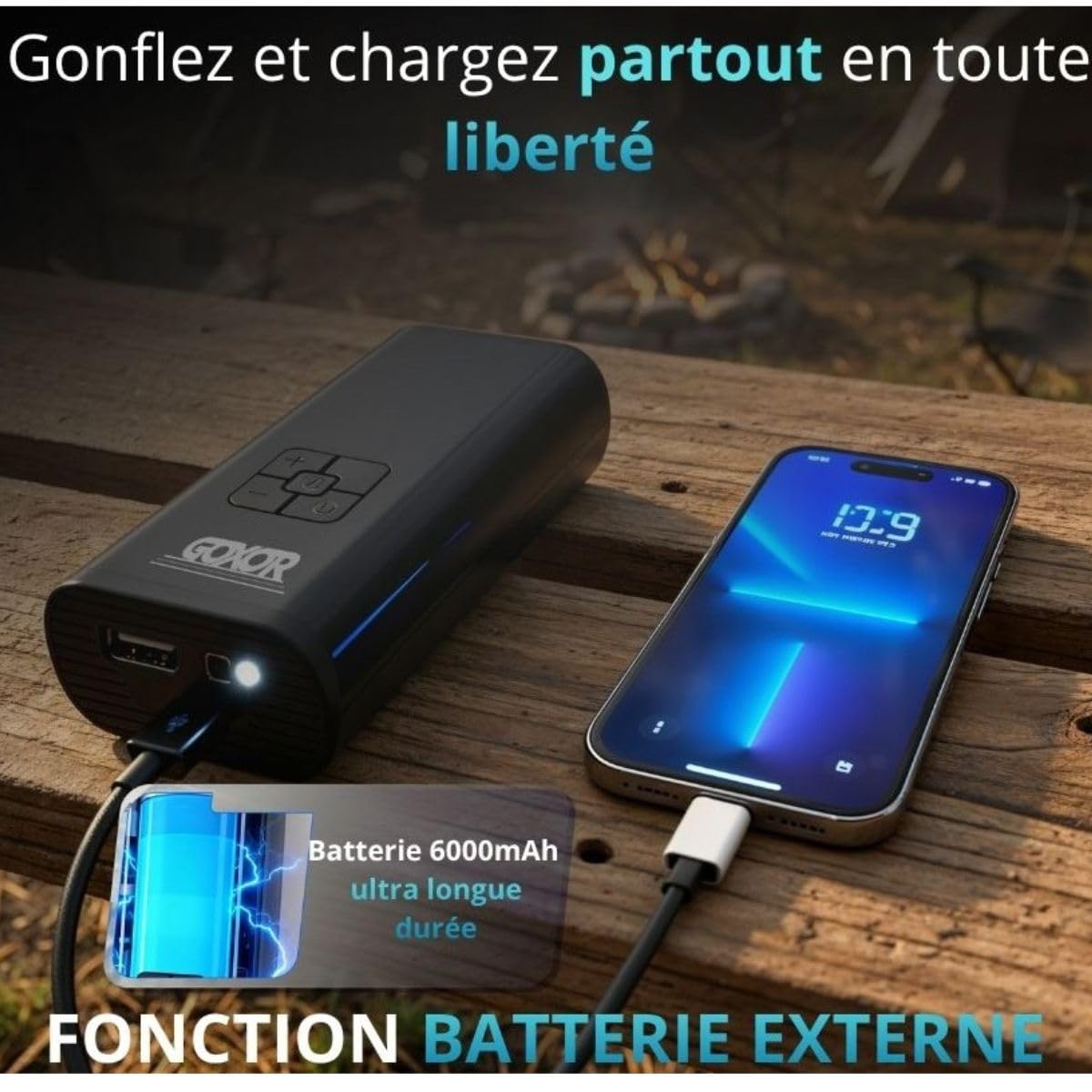 Compresseur à Air Portatif - Gonfleur Pneus Voiture Sans Fil, Kit Complet avec Gants, Batterie Puissante 6000mAh SUV, Moto, Trottinette Electrique,Vélo, Ballon, Gonflage Rapide, Facile D'utilisation