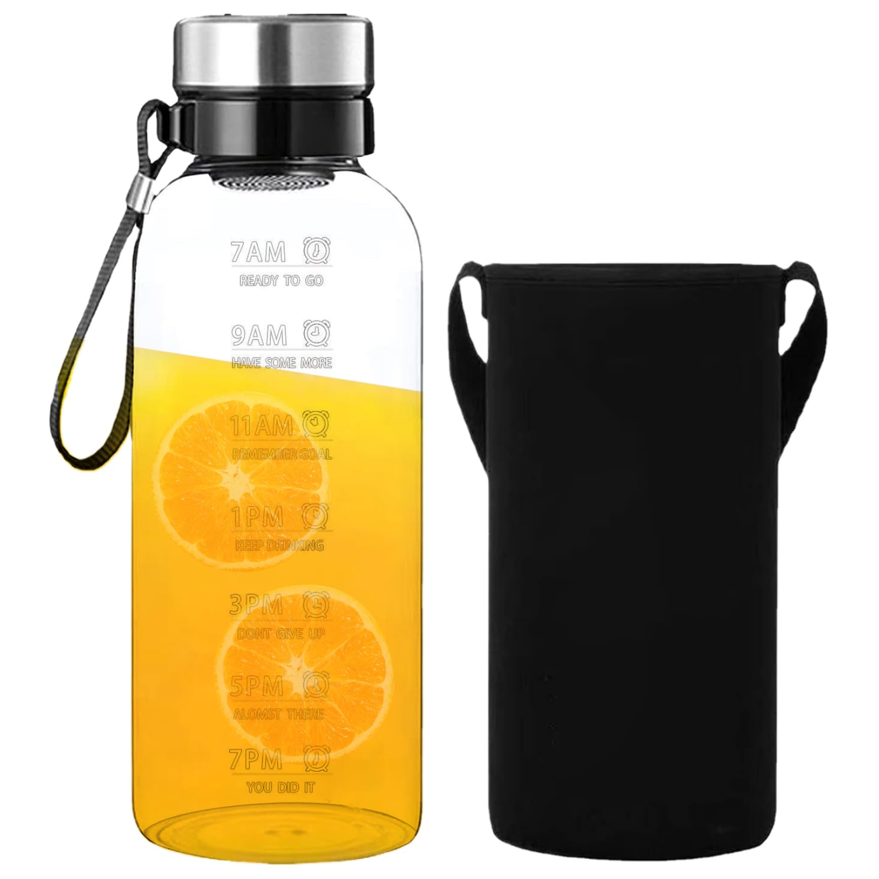 Botella de agua con marcador de tiempo Botellas de agua de vidrio transparente a prueba de fugas de 2 litros con cordón, funda y filtro extraíble, apta para lavavajillas para el hogar, la oficin