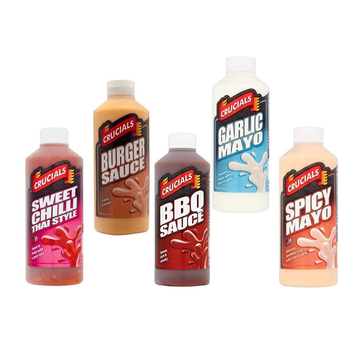 Crucials5 Pack Sauces BBQ Sweet Chilli Spicy Mayo Garlic Burger 500ml x 5