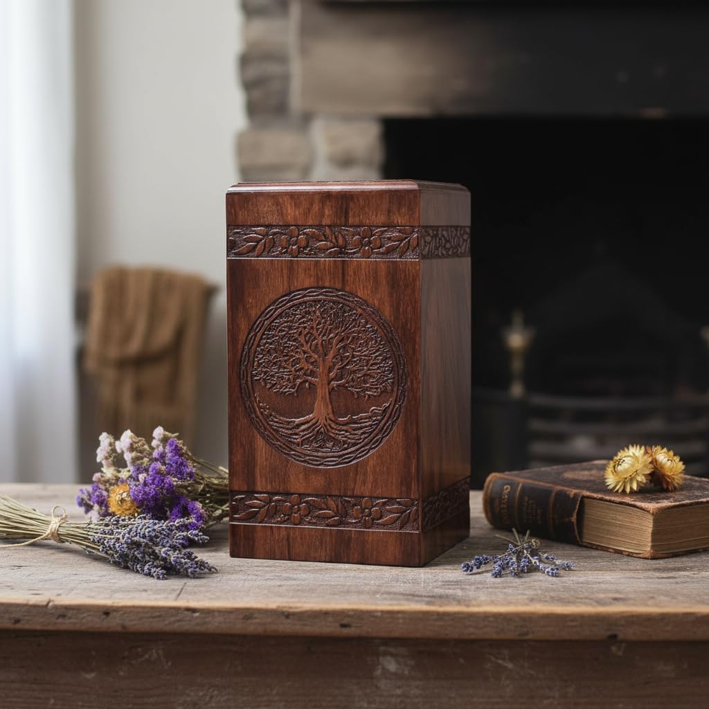 Rosewood Urn for Human Ashes - Tree of Life Wooden Box - Personalized Cremation Urn for Ashes Handcrafted Large Wooden Urn Box (L(11.25X6.25”) 250CU), Rosewood Natural Colour (MOO03)