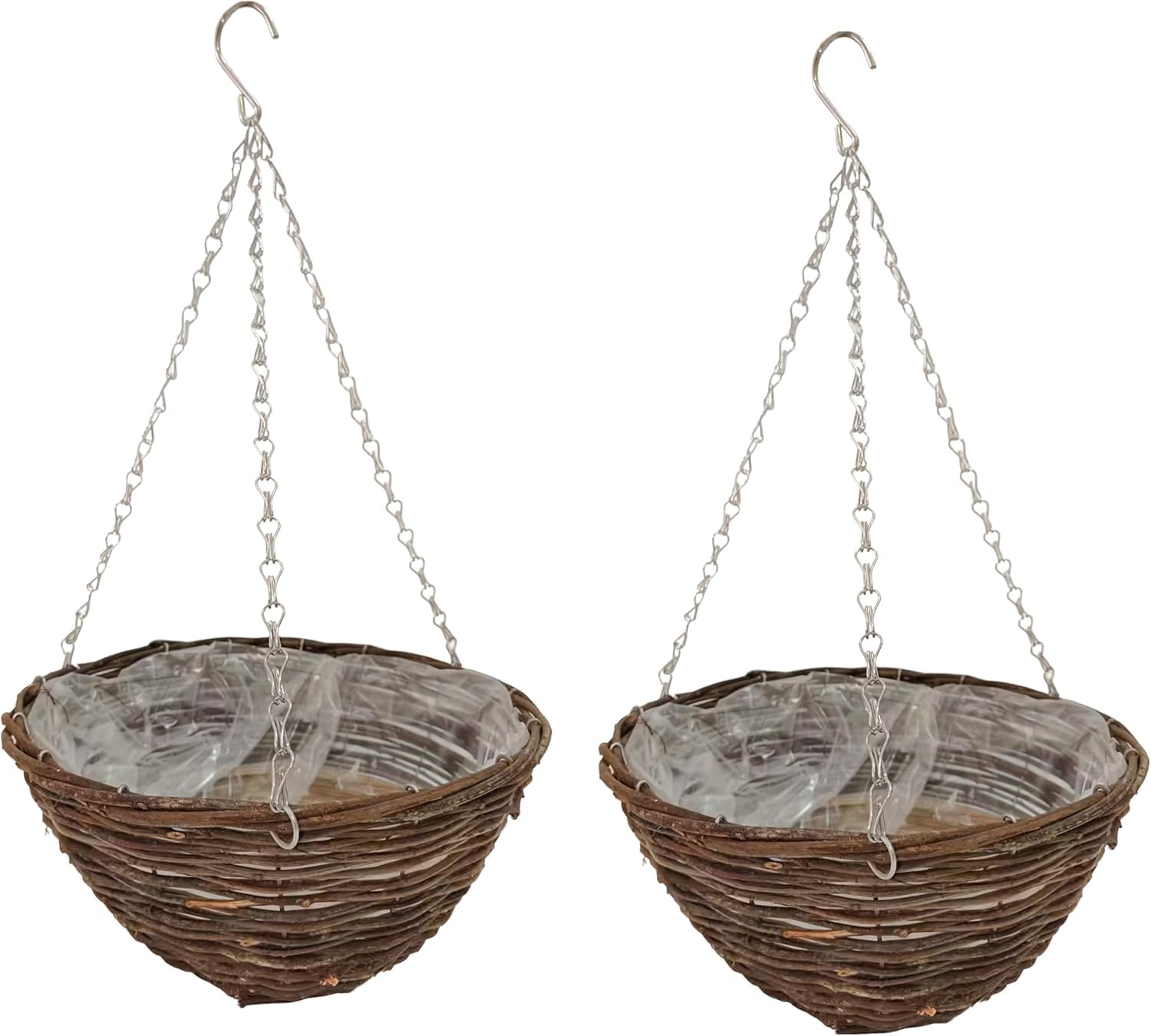 Quickdraw 2 x Rattan Hanging Baskets 16” – Round Outdoor Planters with Liner & Chains – Weather Resistant Wicker Basket Flower Pots for Garden Plants & Flowers